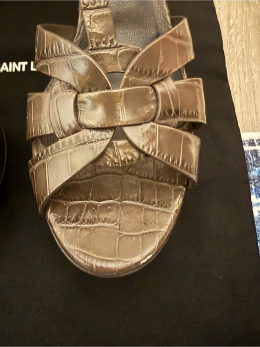 Saint Laurent Brown Taupe  Croc-Embossed Tribute Sandals 38.5 - Picture 7 of 11